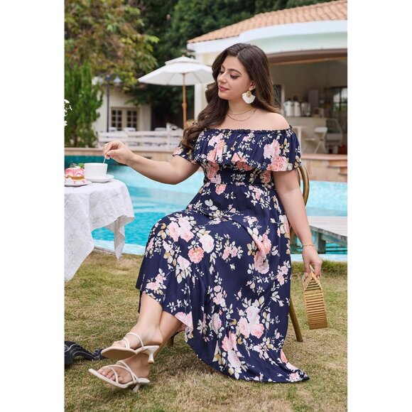 Plus Size Maxi Dress Floral Off Shoulder Empire Waist Casual Church - Picture 5 of 7